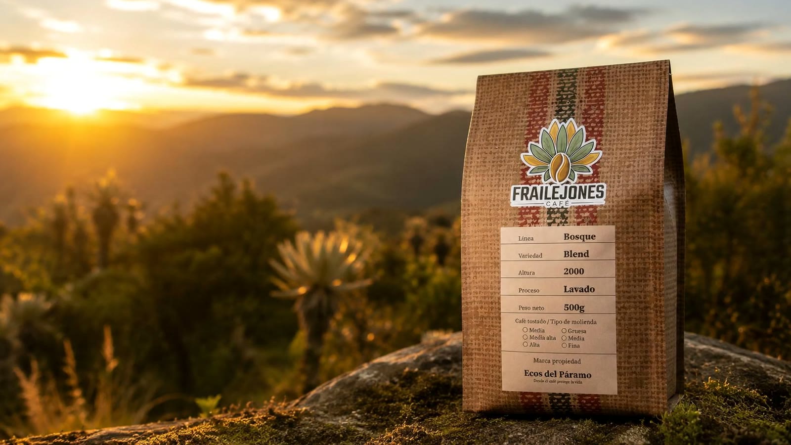 Frailejones Café bag resting on a rock at golden hour over the Urrao páramo